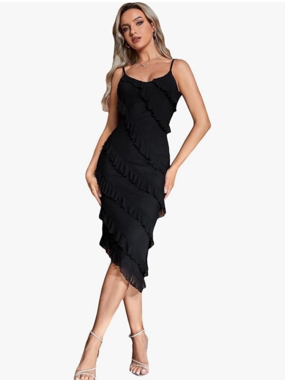 Asymmetrical Black Whimsigoth Dark Fairy Grunge Ruffle Midi Cocktail Dress Sz M